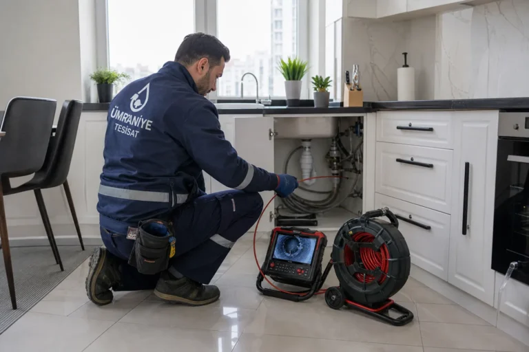 Ümraniye’de robotlu cihazla mutfak giderini kontrol eden tesisat uzmanı